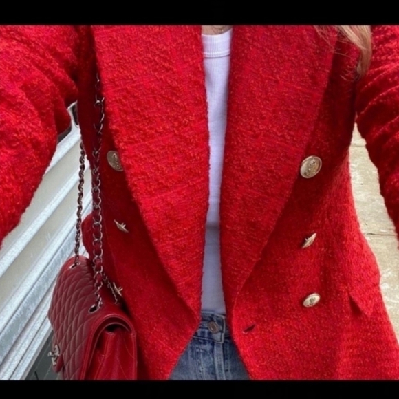 ZARA TEXTURED TWEED DOUBLE-BREASTED RED BLAZER size S - Picture 13 of 16